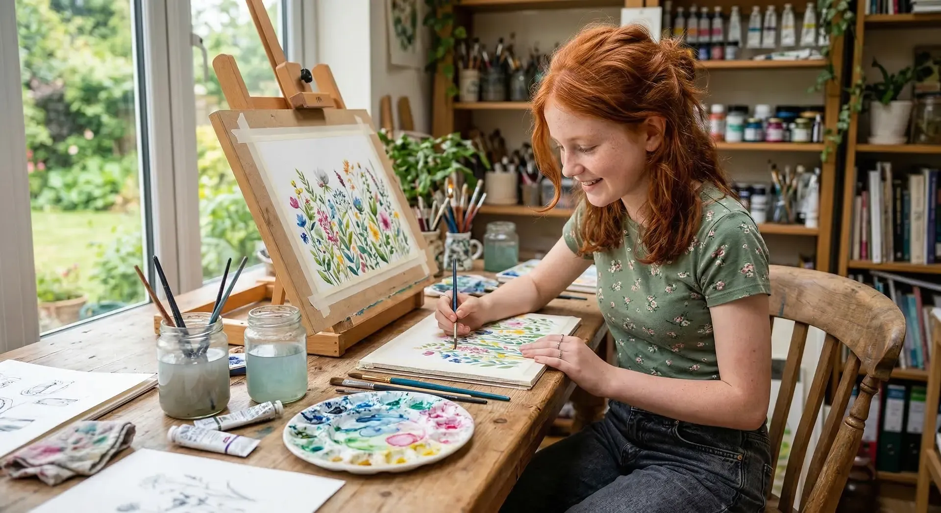 Girl painting with watercolors.