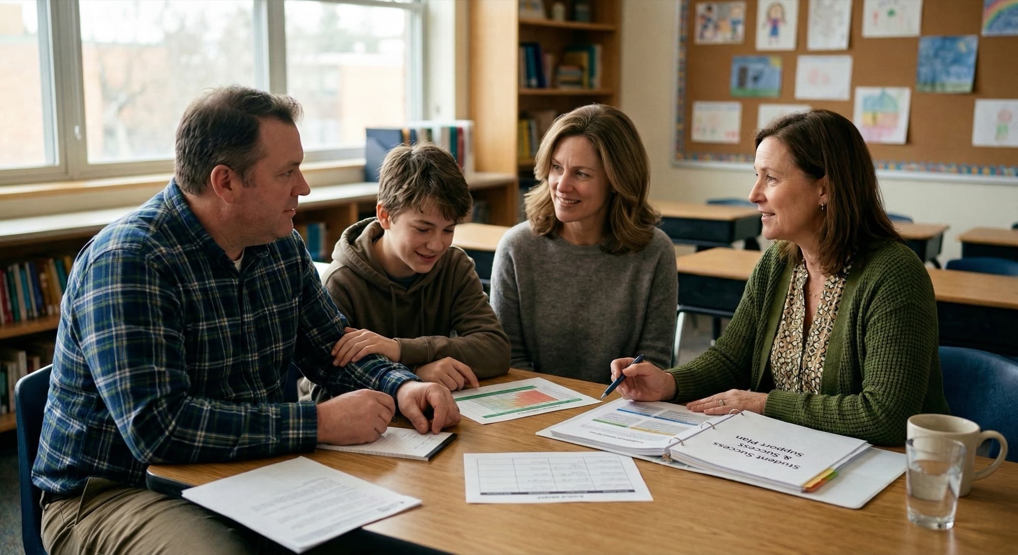 Family and staff reviewing student progress at Hoffman Homes